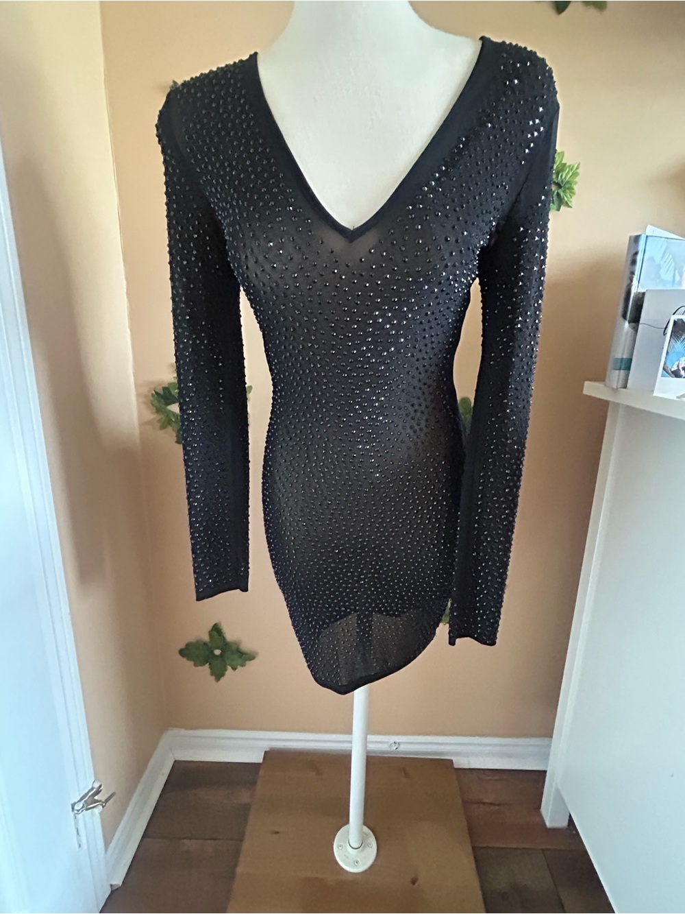 Fashion Nova Black V-Neck Long Sleeve Rhinestone Mesh Top